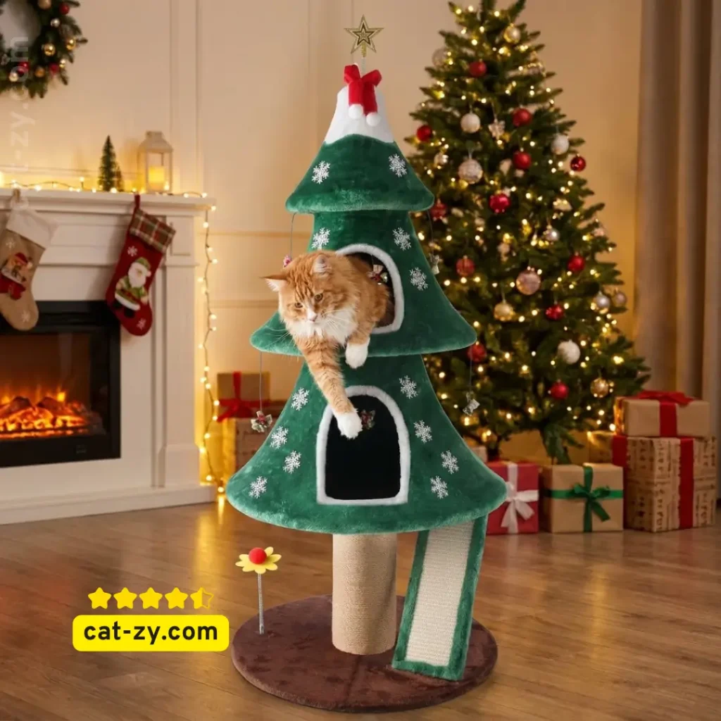 A 53-inch cat christmas tree condo with a cat exploring its features, featured in an informative article on the cat-zy website.