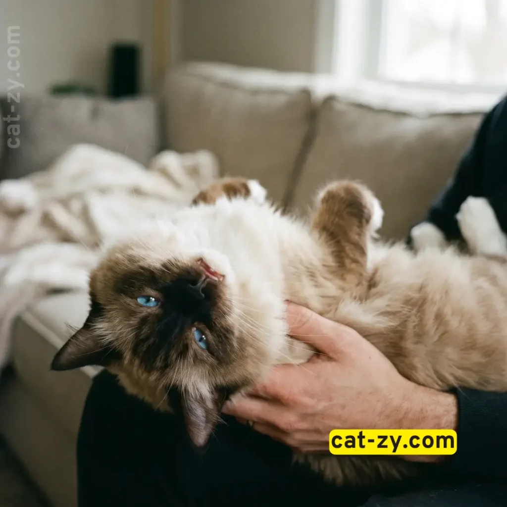 A docile Ragdoll cat relaxing completely in an owner's arms, showcasing affectionate domestic cat breeds on cat-zy.
