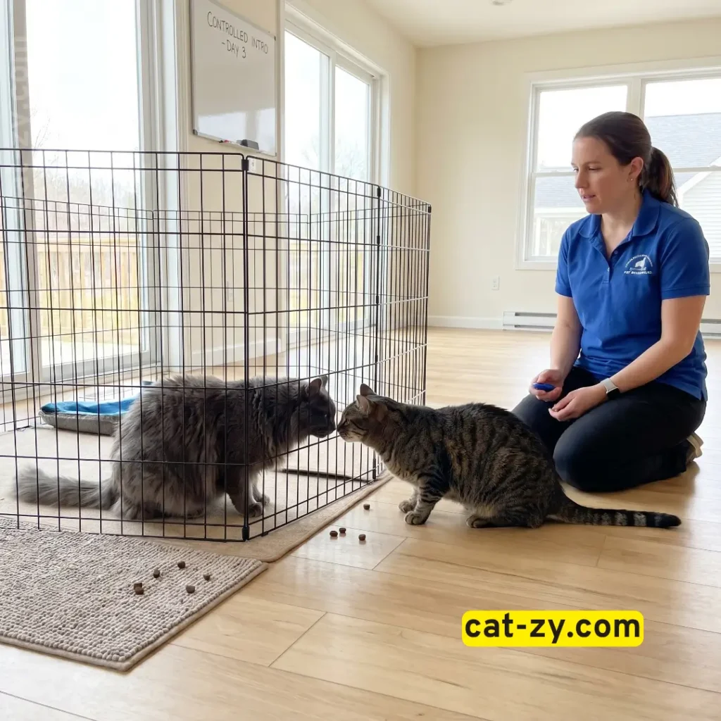 A controlled introduction showing behavioral training with a cat in a cage on cat-zy.
