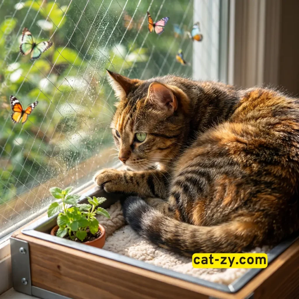 Curious tabby cat enjoying mental stimulation inside a cat window box by cat-zy