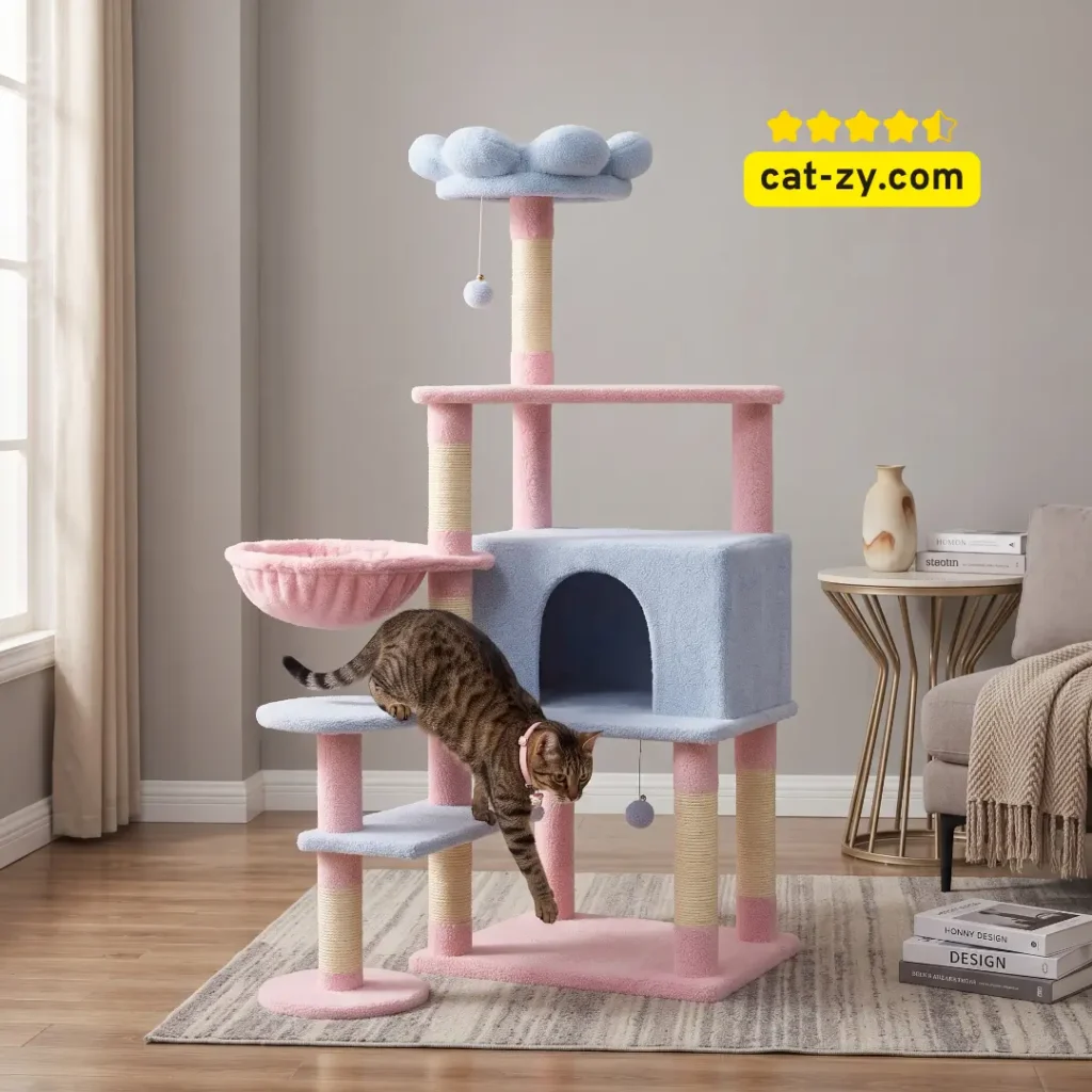 A brown tabby cat exploring the multi-level 56-inch blue flower cat tree tower featured in an editorial review on cat-zy.