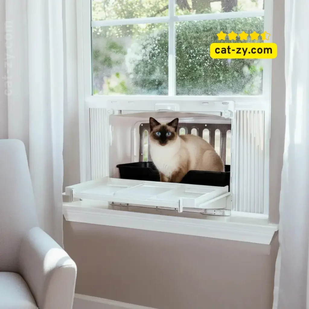 A VistaLoo window catio and outside litter tray installed in a home, providing a safe outdoor view for a cat, featured on cat-zy.