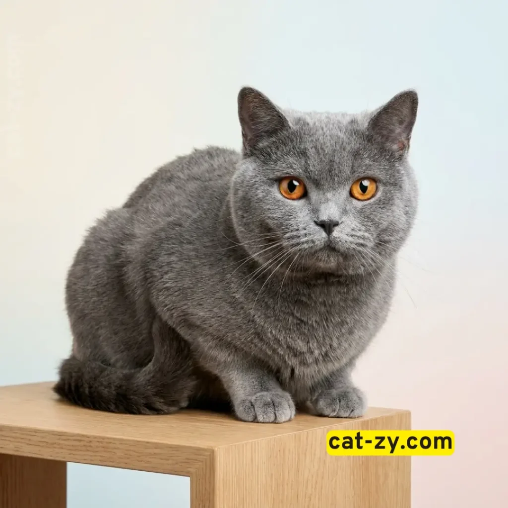 Studio portrait of a British Shorthair cat with plush blue fur and orange eyes on a wooden surface - Cat-zy popular cat breeds.
