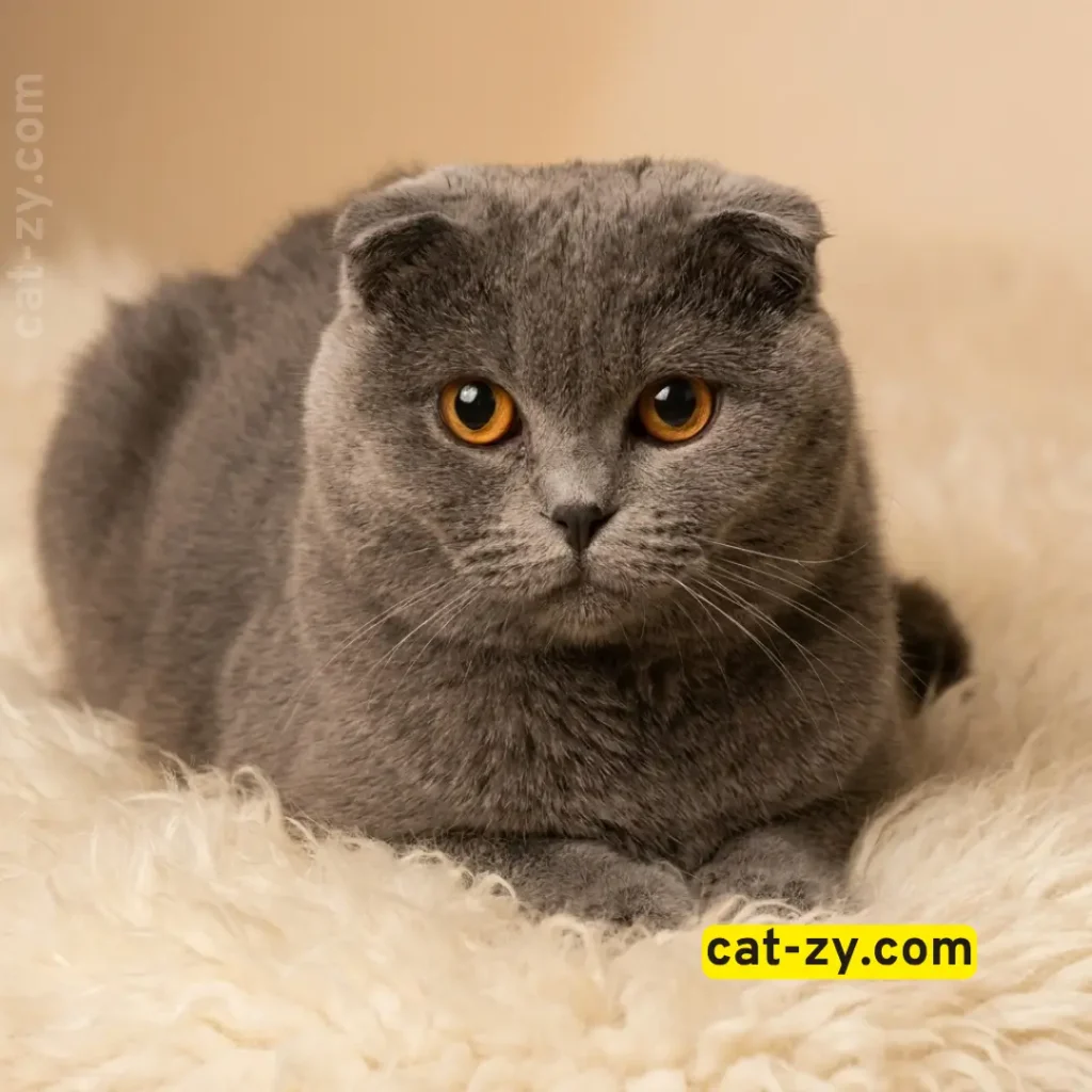Scottish Fold cat with blue-grey fur and folded ears resting on a soft rug - Cat-zy popular cat breeds.