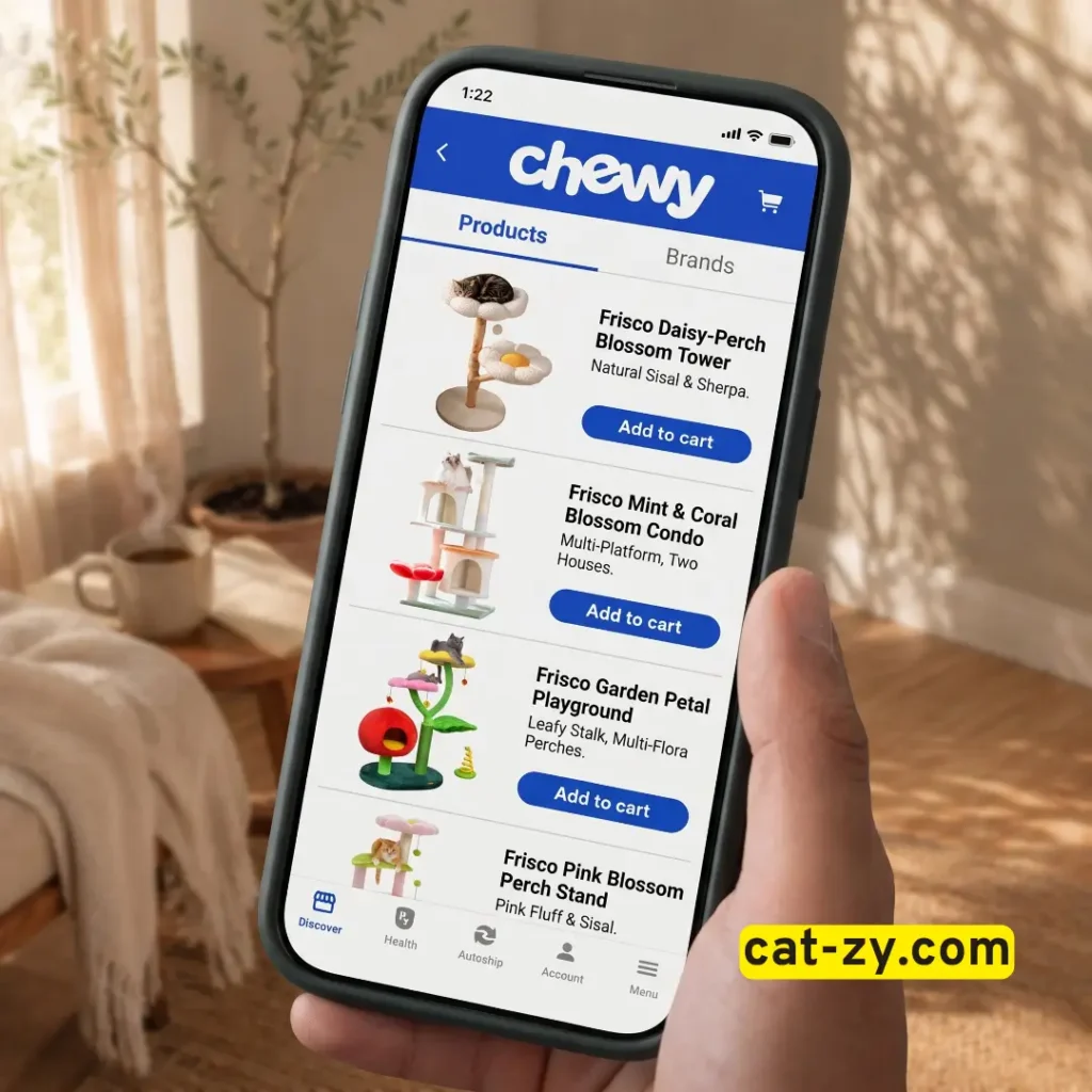 Browsing flower cat tree models on the Chewy app recommended by cat-zy.