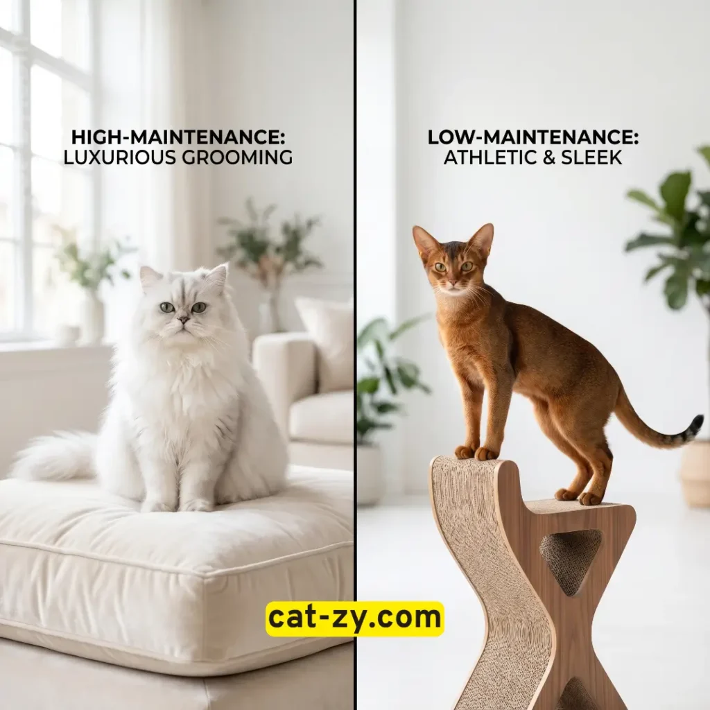 A visual comparison of different domestic cat breeds showing contrasting long-haired and short-haired felines on cat-zy.