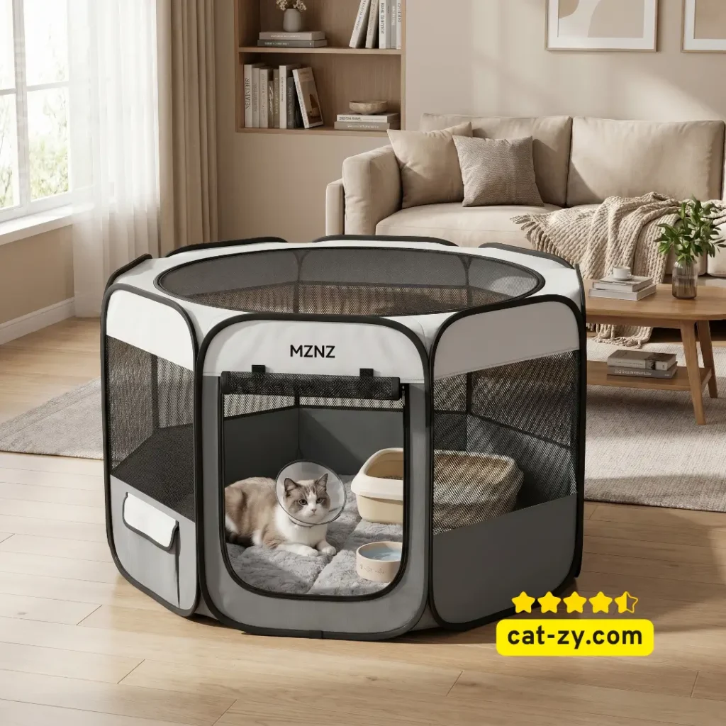 A grey and white portable mesh cat in a cage style playpen enclosure featuring a recovering kitten, from a cat-zy article about temporary indoor pet containment.