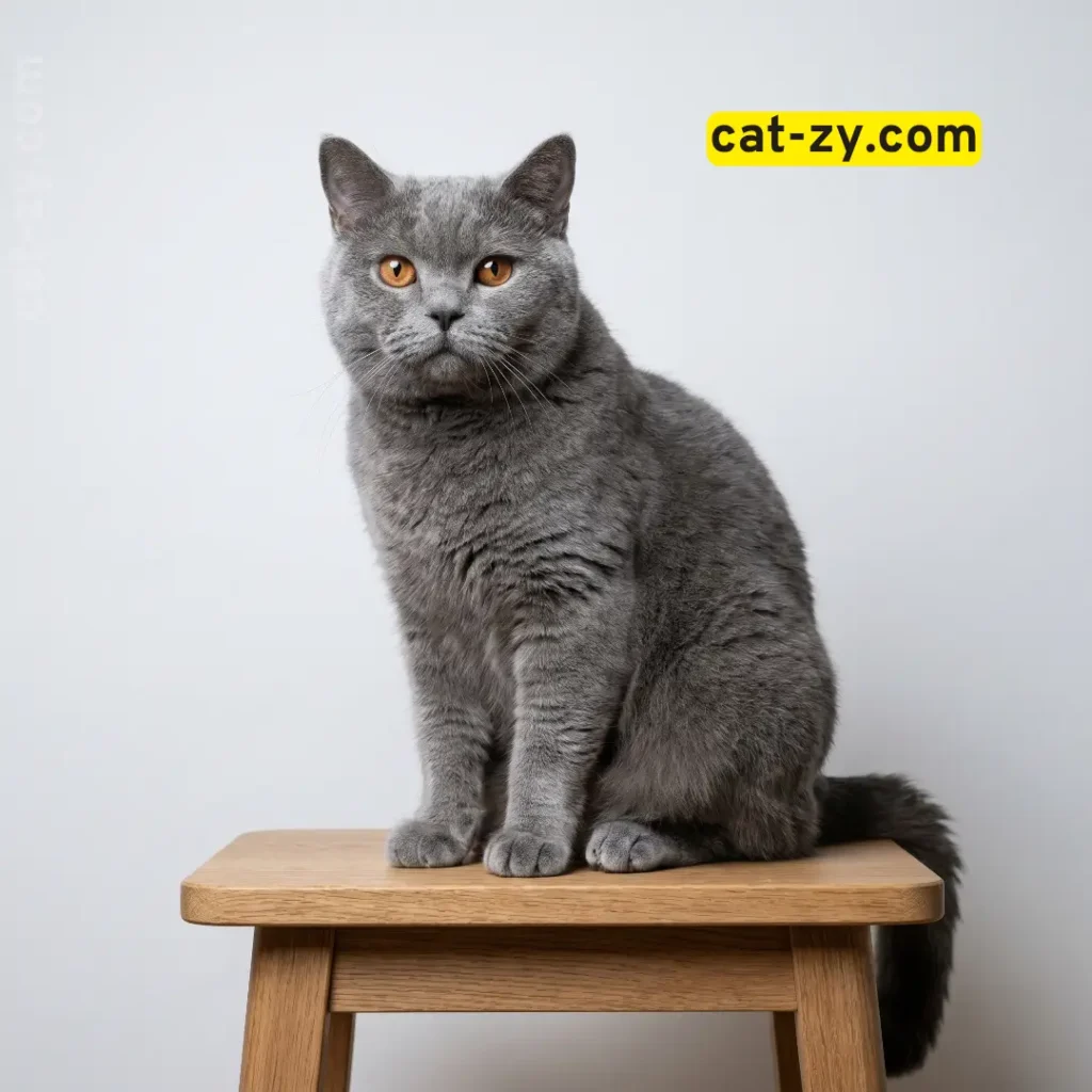 A sturdy blue British Shorthair cat sitting independently, representing low maintenance domestic cat breeds on cat-zy.