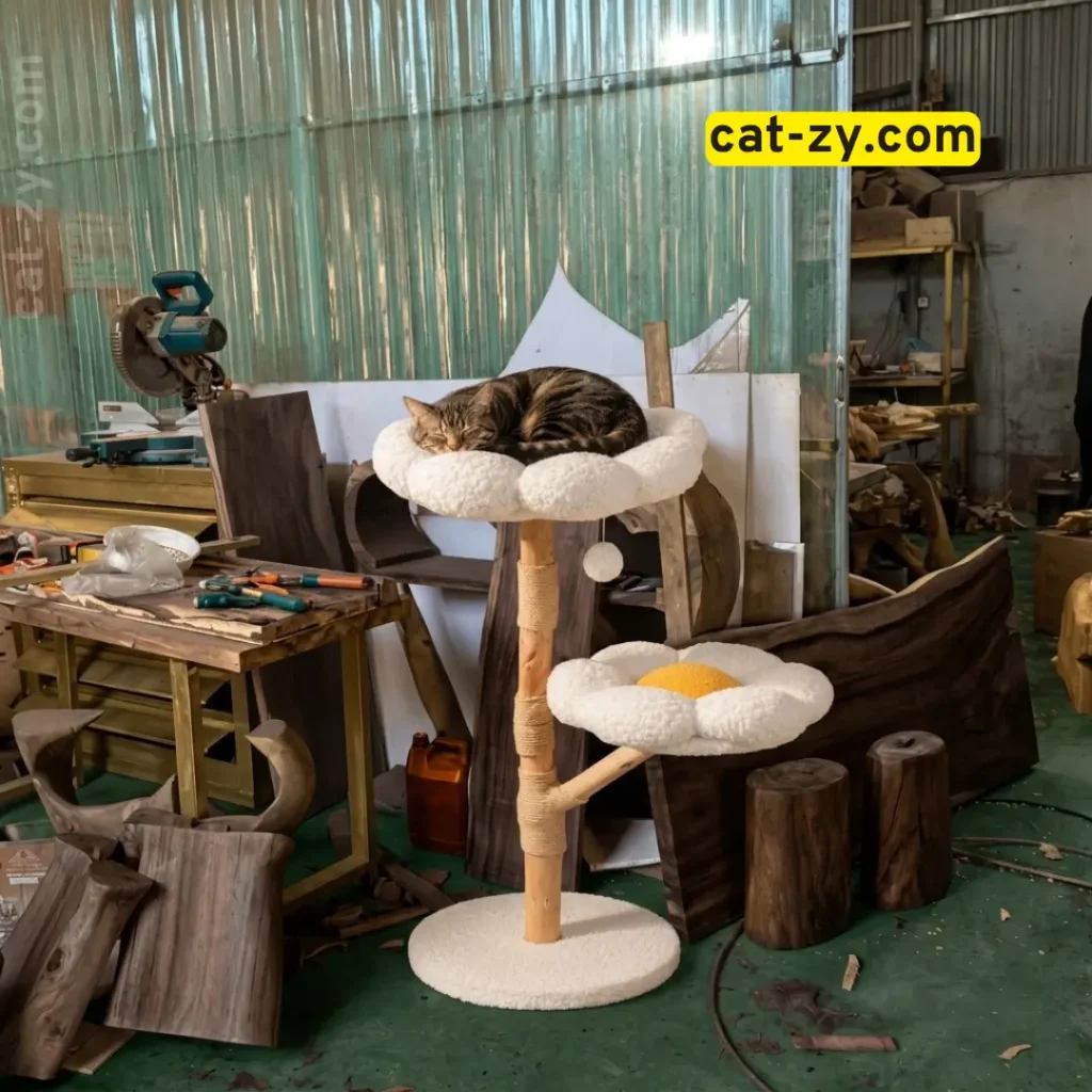 Handcrafted wooden flower cat tree designs available on Etsy via cat-zy