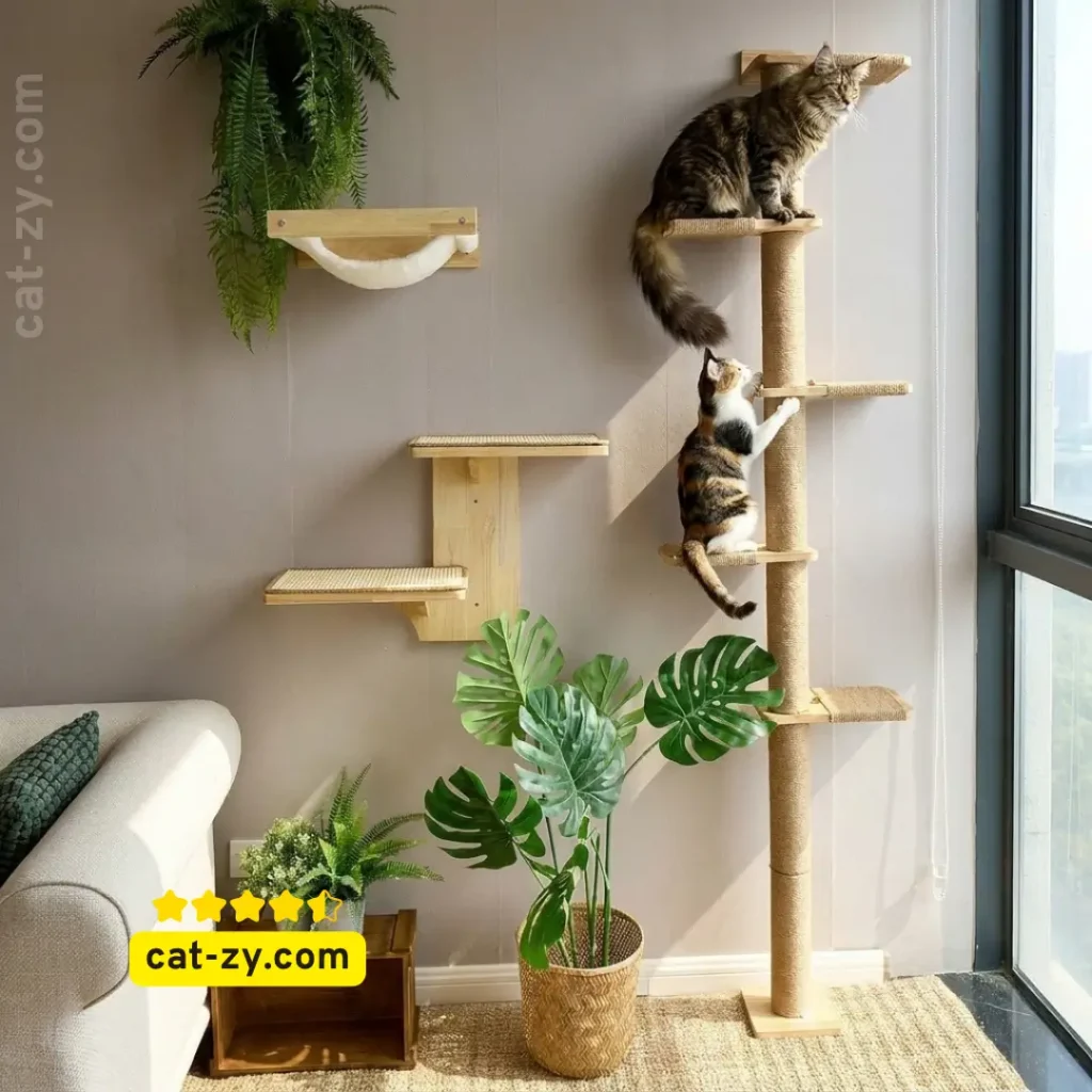 cat-zy visual guide featuring a fluffy Maine Coon, one of the friendliest cat breeds, on a FUKUMARU Wall-Mounted Cat Tree, showing its full height and use.