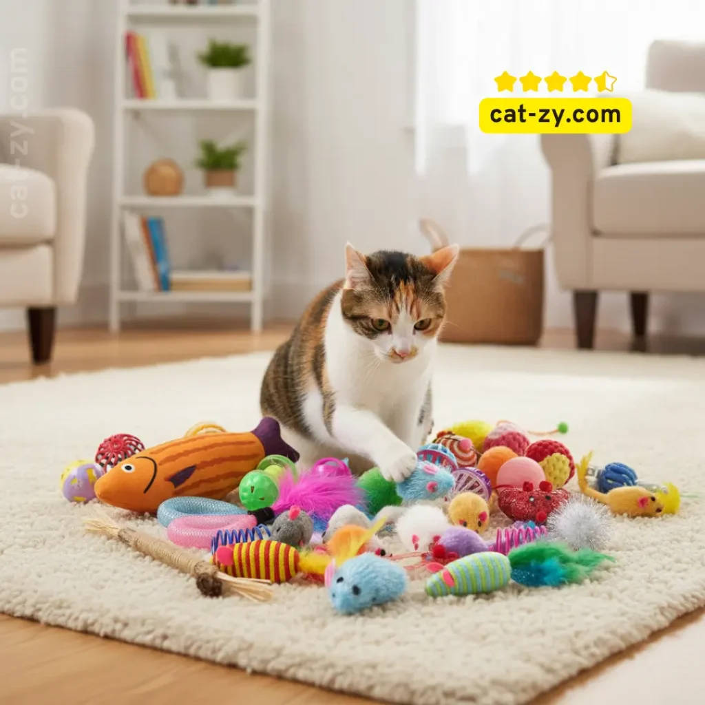 A curious cat playing with a Fashion's Talk Cat Toys Variety Pack for Kitty in a sunny room, illustrating an article on cat-zy about behavioral questions like why does my cat lick me then bite me.