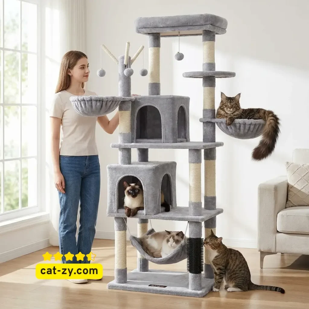 A huge cat tree by Feandrea, 69-inch tall with multiple levels, caves, and baskets for indoor cats on cat-zy.