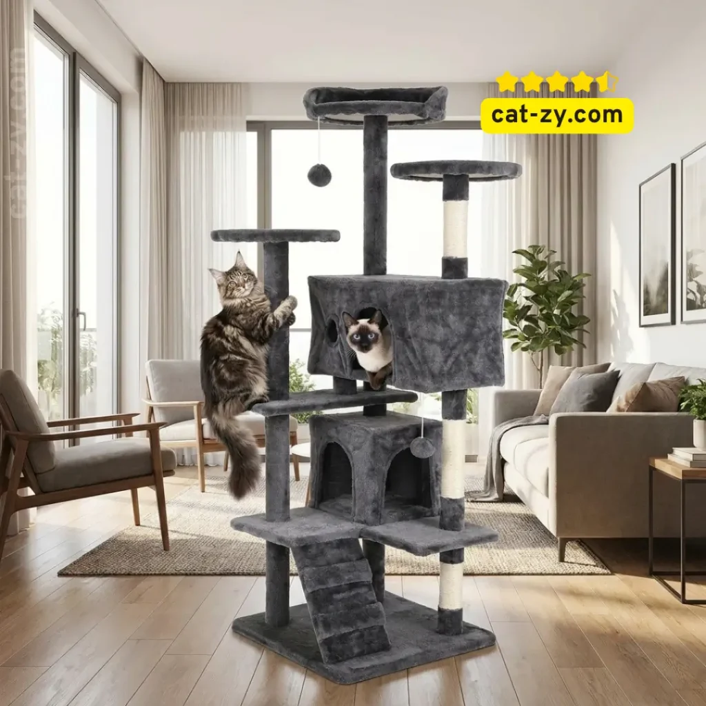 A huge cat tree with multiple levels, condos, and scratching posts from cat-zy, featuring cats playing in a bright, modern living room setting.