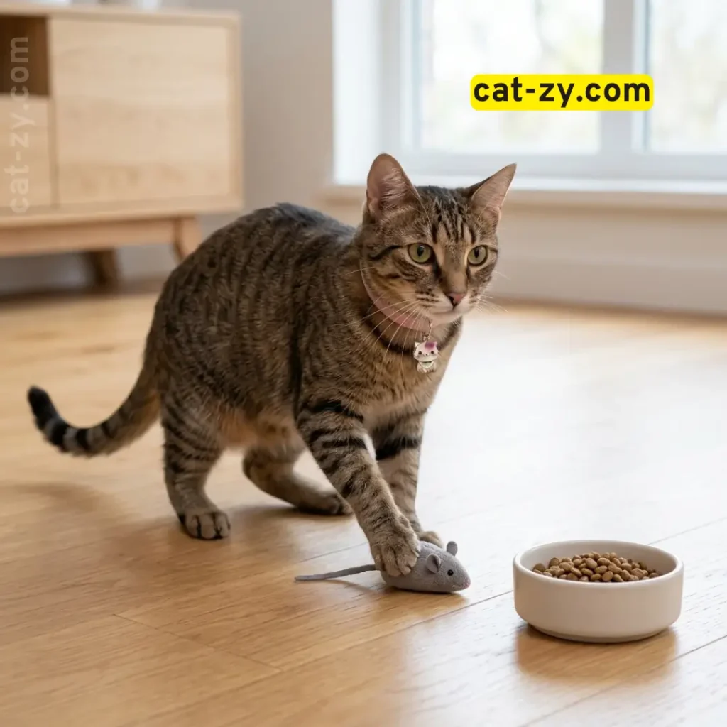Active cat with portion-controlled purina cat chow indoor dry cat food bowl on cat-zy