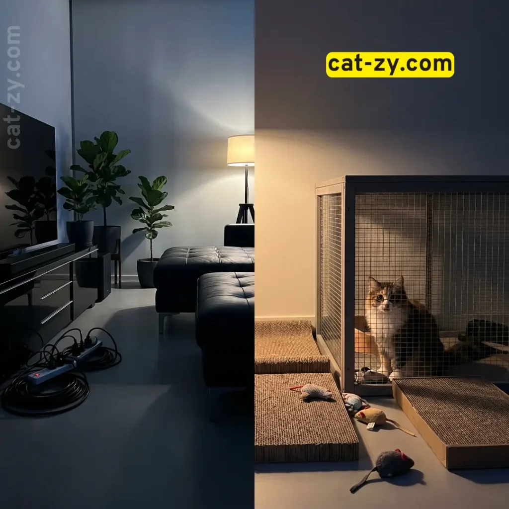 Protecting household furniture and hazards by keeping a young cat in a cage on cat-zy.