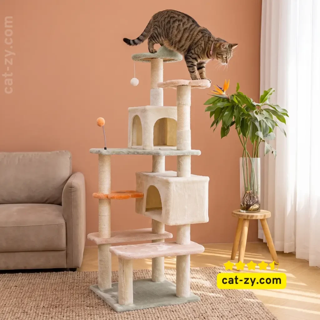 A brown tabby cat exploring a multi-level 59-inch flower cat tree tower featured on cat-zy.