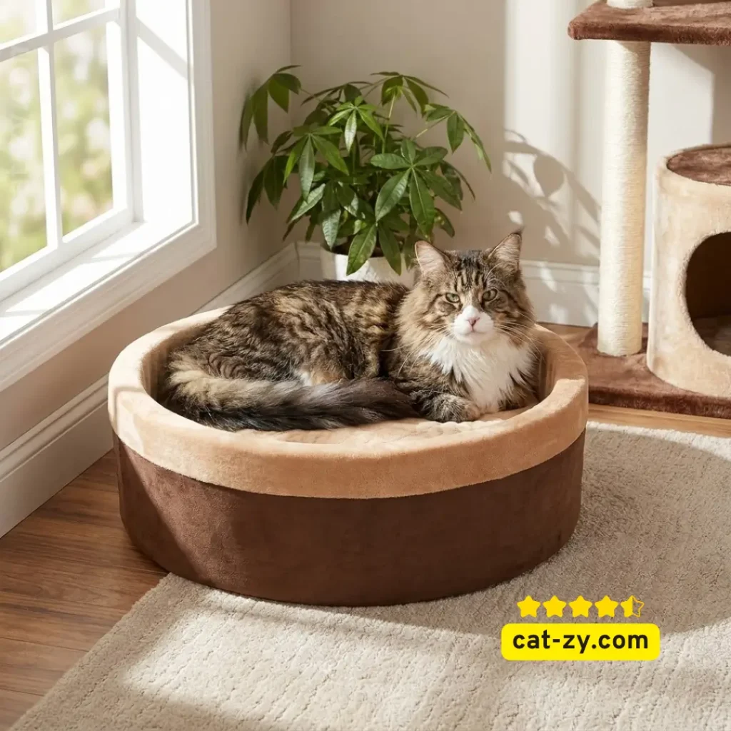 A large heated cat bed from K&H shown next to a cat condo for large cats on cat-zy.