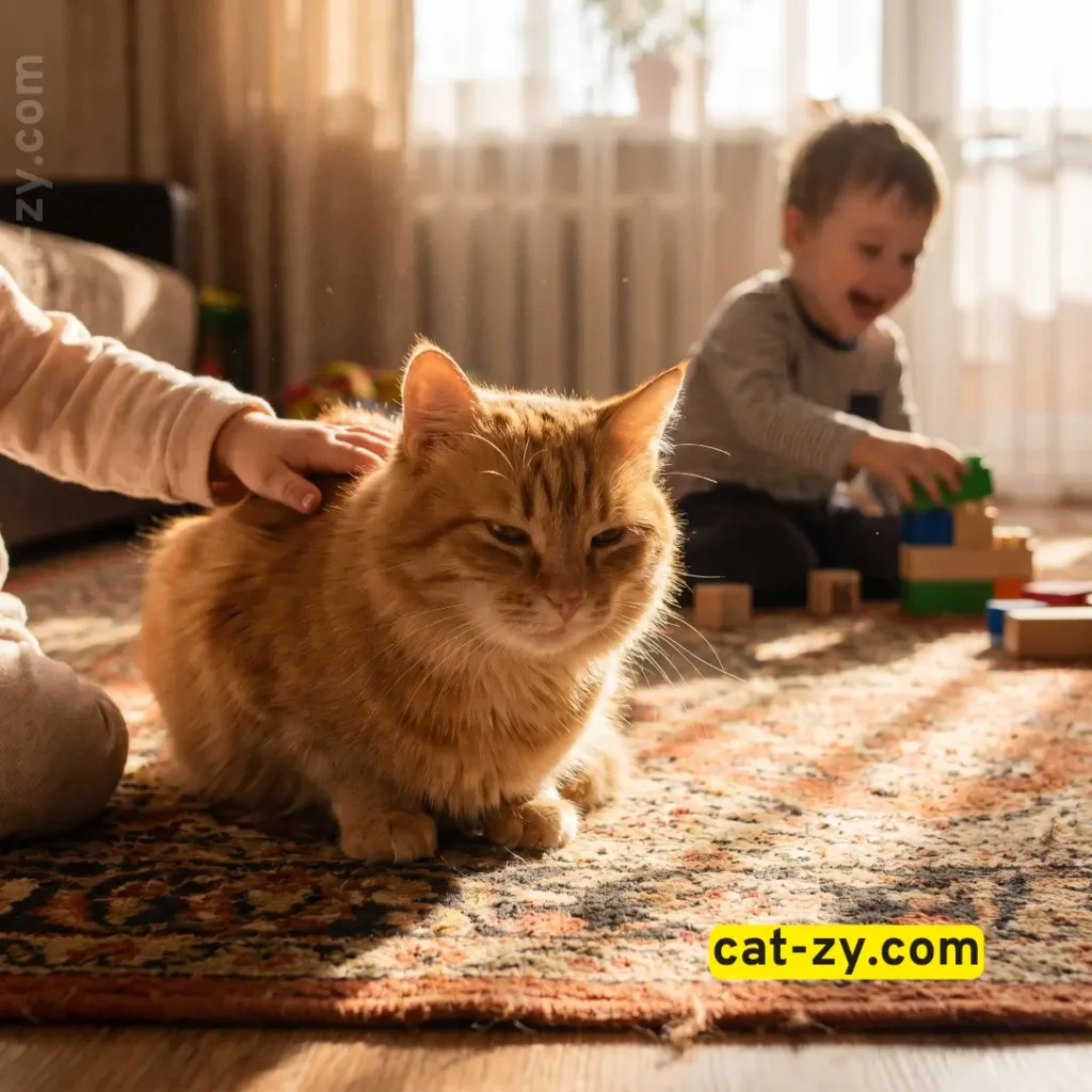 A gentle cat interacting calmly with children, showing traits of family friendly domestic cat breeds on cat-zy.