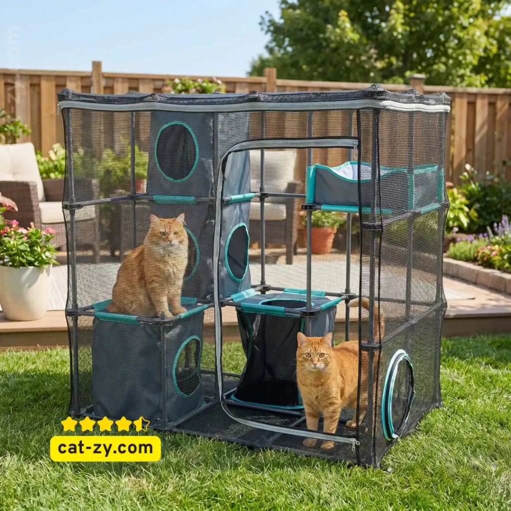 A dark grey multi-level Kitty City cat in a cage style outdoor catio with two orange cats exploring the platforms, featured on the cat-zy article website.
