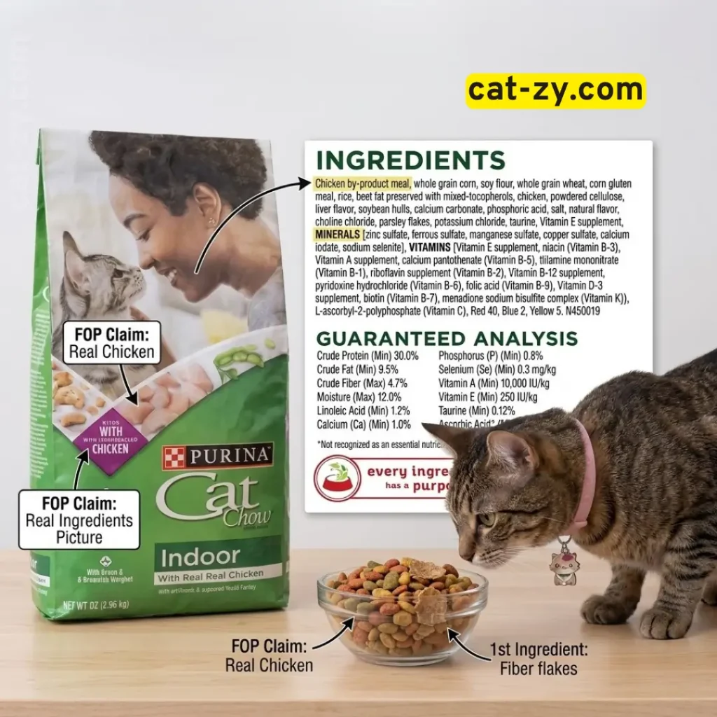 Product packaging and ingredient label review for purina cat chow indoor dry cat food on cat-zy