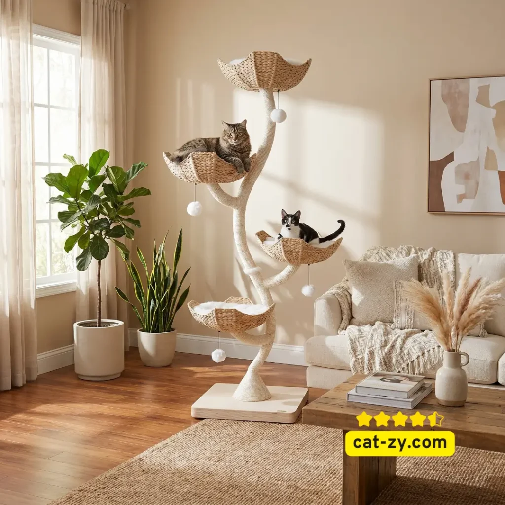 A MAU 73 inch tall modern cat tree scratching tower featured on cat-zy, showing a luxury cat christmas tree design with woven baskets, multiple tiers, and two cats relaxing in a cozy home setting.