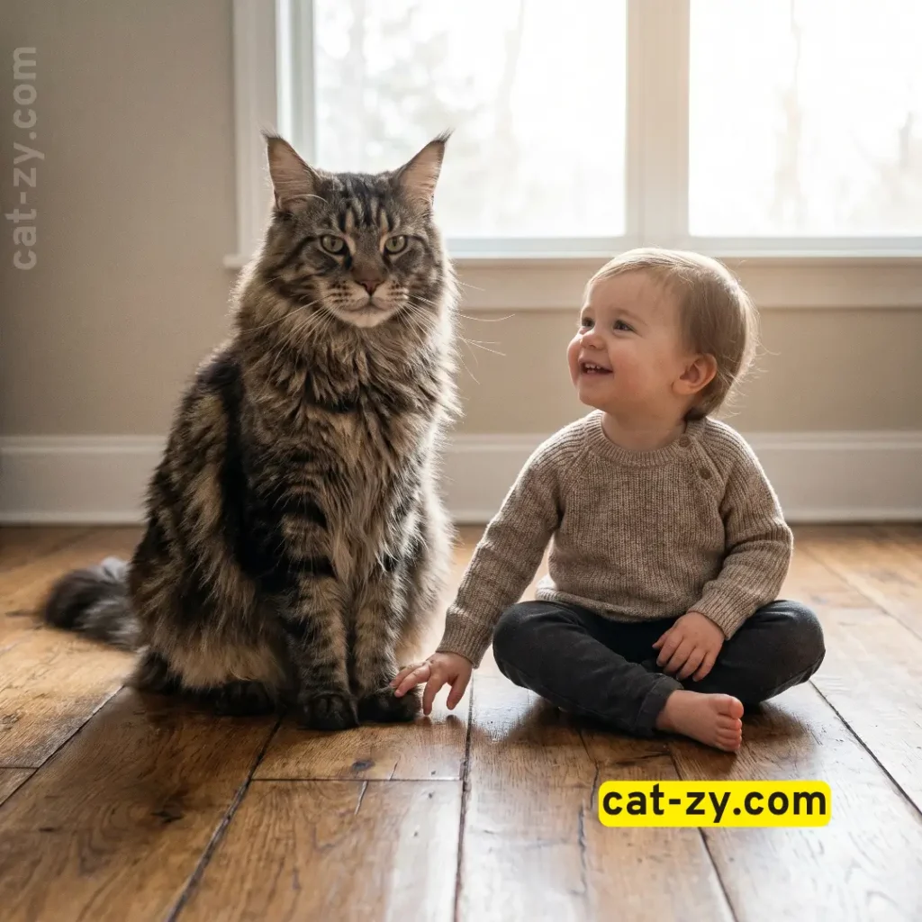 A large and fluffy Maine Coon cat sitting calmly next to a child, representing giant domestic cat breeds on cat-zy.