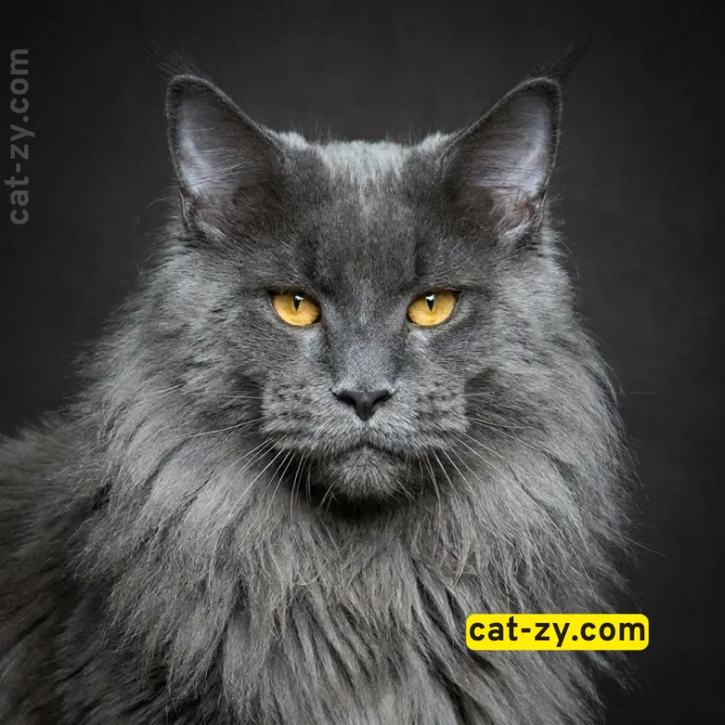 Majestic grey Maine Coon cat portrait with amber eyes and thick fur mane - Cat-zy popular cat breeds gallery.