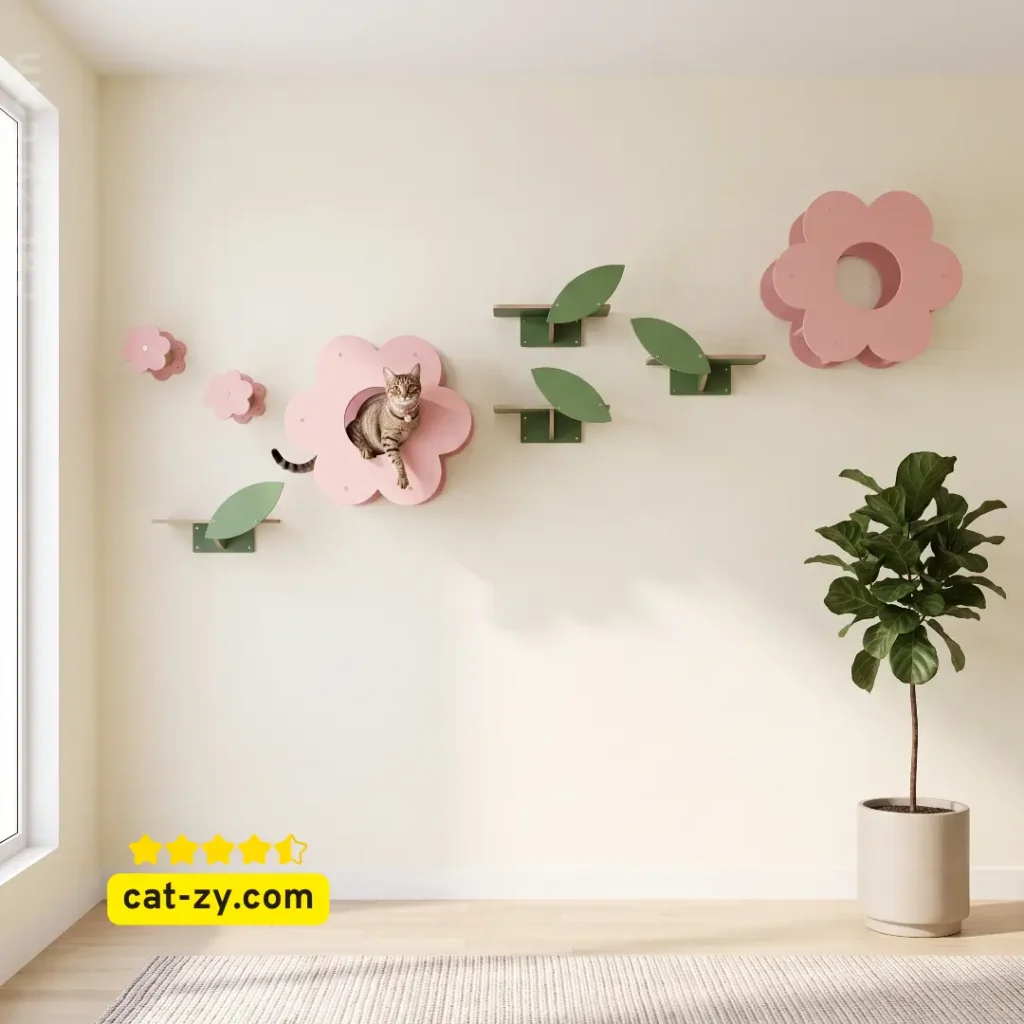 A brown tabby cat lounging inside a wall-mounted Maxbetip flower cat tree shelf system featured on cat-zy.