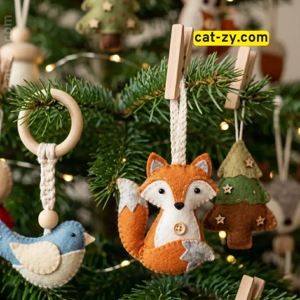 Safe ornaments made of felt and wood hanging securely on a cat christmas tree on cat-zy.