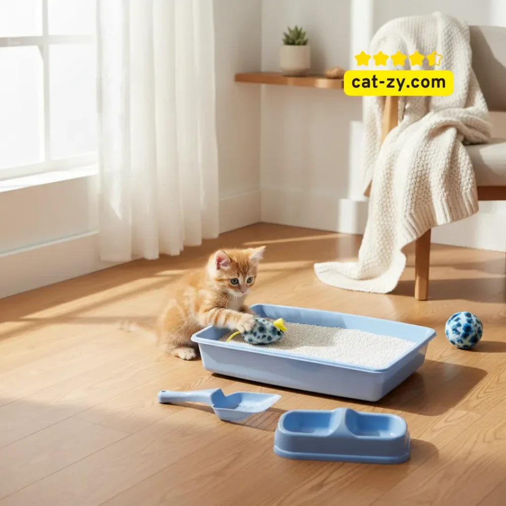 A blue PAWISE Newborn Kitty Litter Box Set with a kitten in a home setting, illustrating how to litter train a cat for readers of cat-zy.
