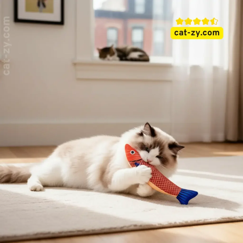 A happy rescued cat playing with a Potaroma Saury Fish toy in a bright living room, perfect for families considering Cat Adoption Boston. This cat-zy and durable kicker toy provides essential exercise for indoor kittens.