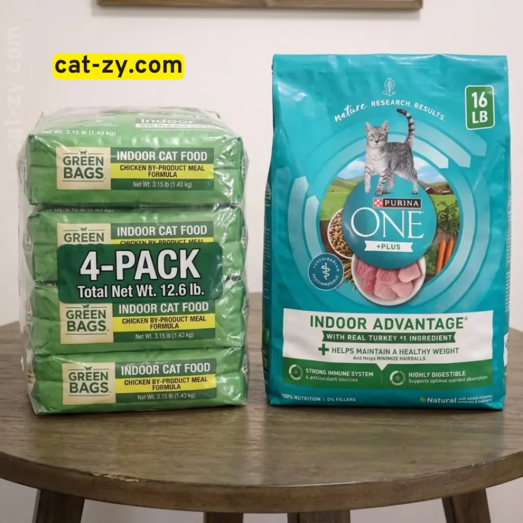Side-by-side comparison of purina cat chow indoor dry cat food and purina one on cat-zy
