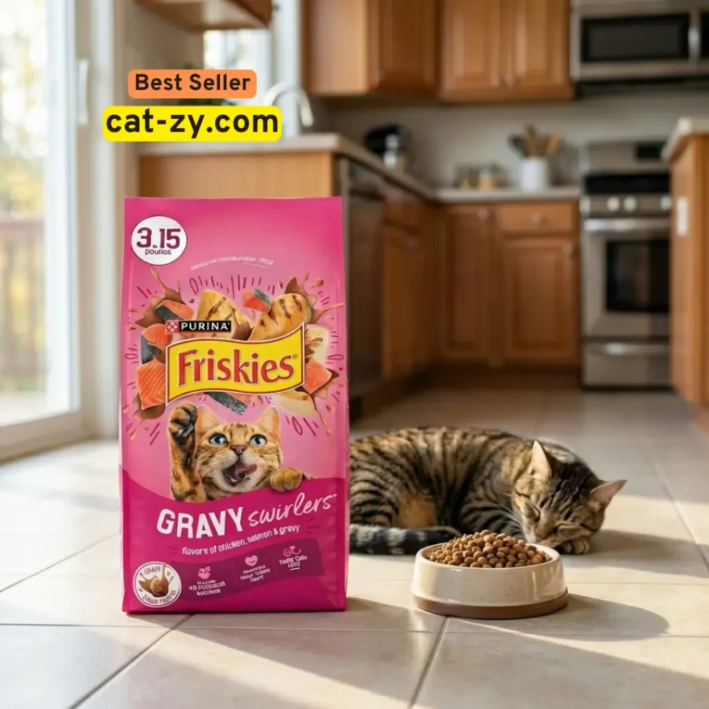 A realistically scaled 3.15 lb bag of Friskies cat food placed in a modern home setting. A happy cat sits nearby, creating a cozy 'cat-zy' atmosphere. The Purina Friskies Gravy Swirlers packaging is clear and perfectly sized relative to the pet.
