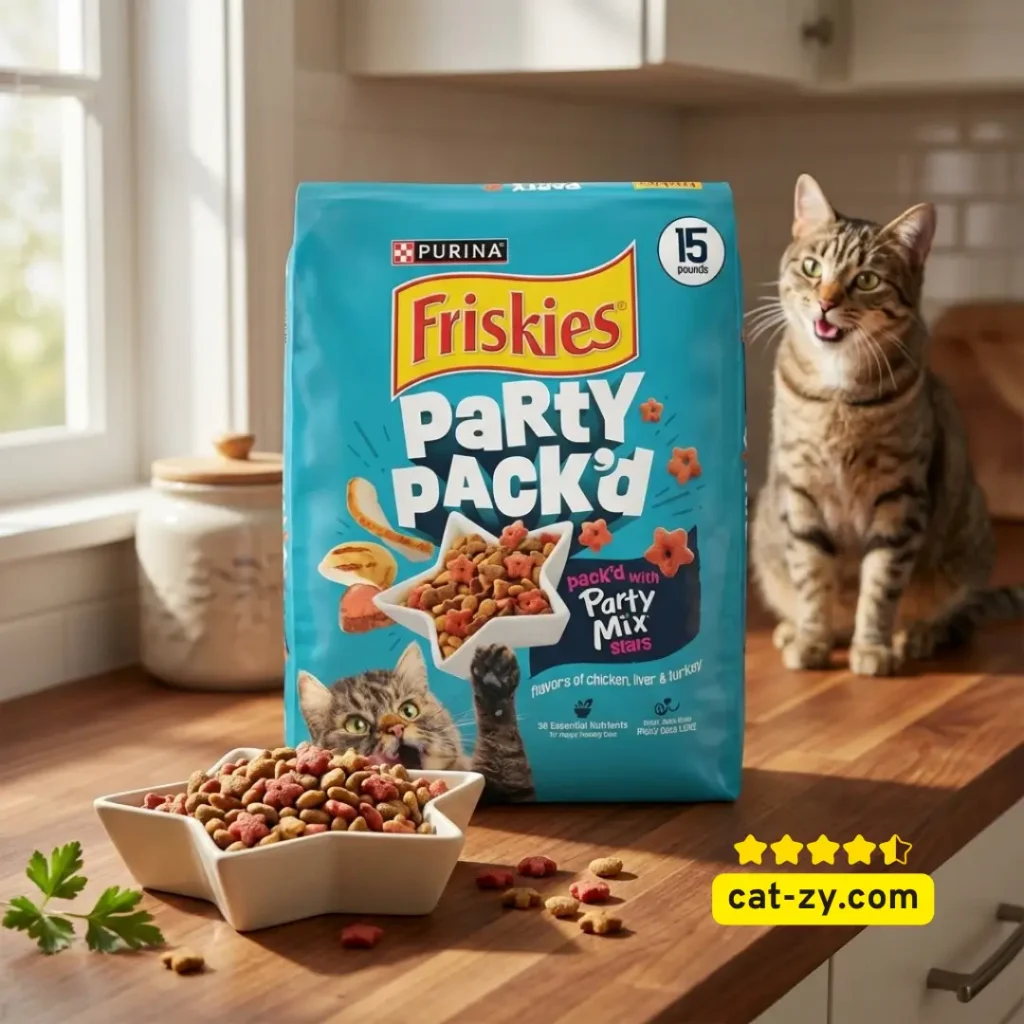 A professional photograph featuring a 15-pound bag of Friskies cat food (Purina Friskies Party Pack’d), highlighting the flavor mix and star shapes. A cheerful tabby cat is playfully engaged in the scene, giving it a delightful, cat-zy feel, emphasizing the crunchy texture of the food.