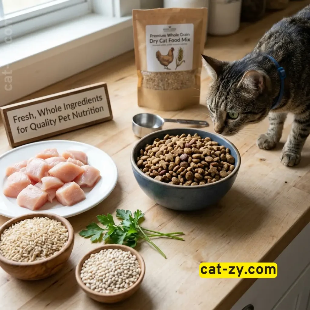 Fresh chicken ingredients next to purina cat chow indoor dry cat food kibble on cat-zy