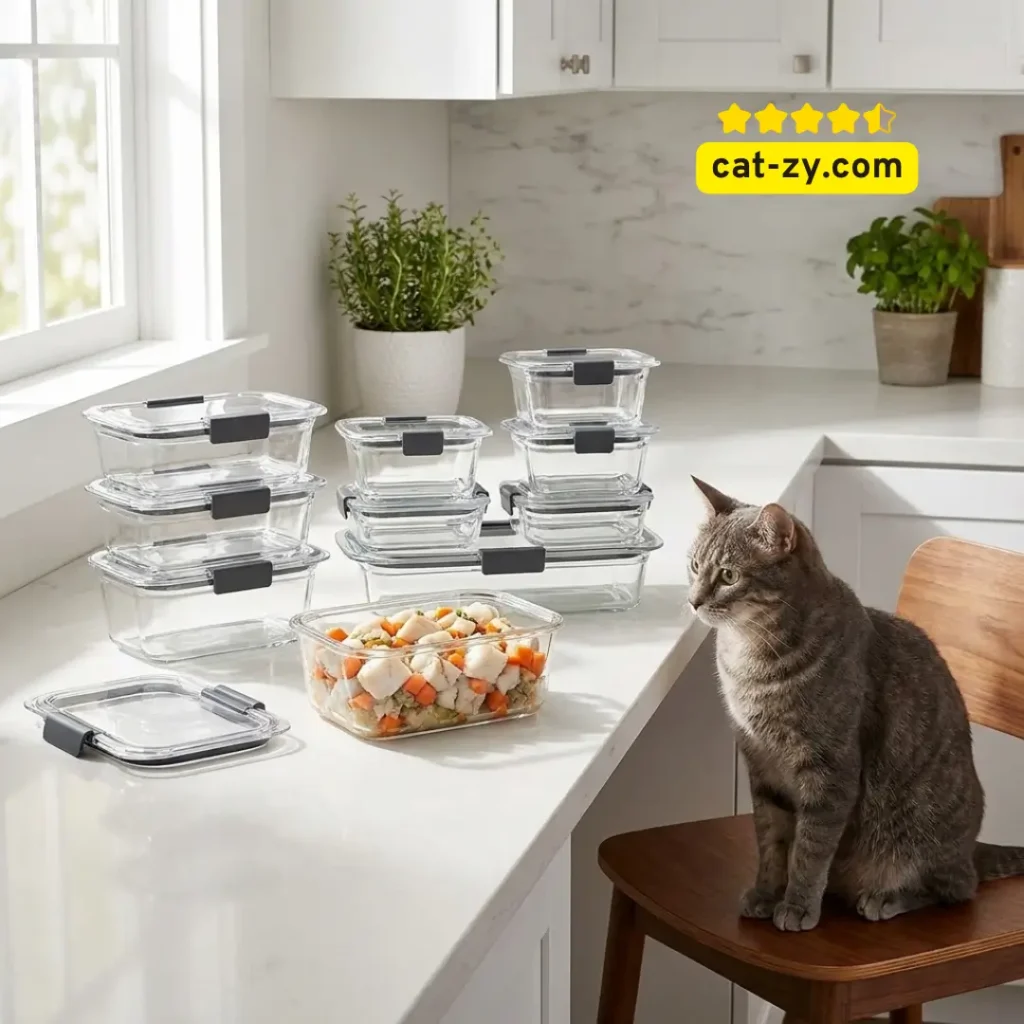 A set of Rubbermaid Brilliance glass containers used for portioning fresh homemade cat food on cat-zy.
