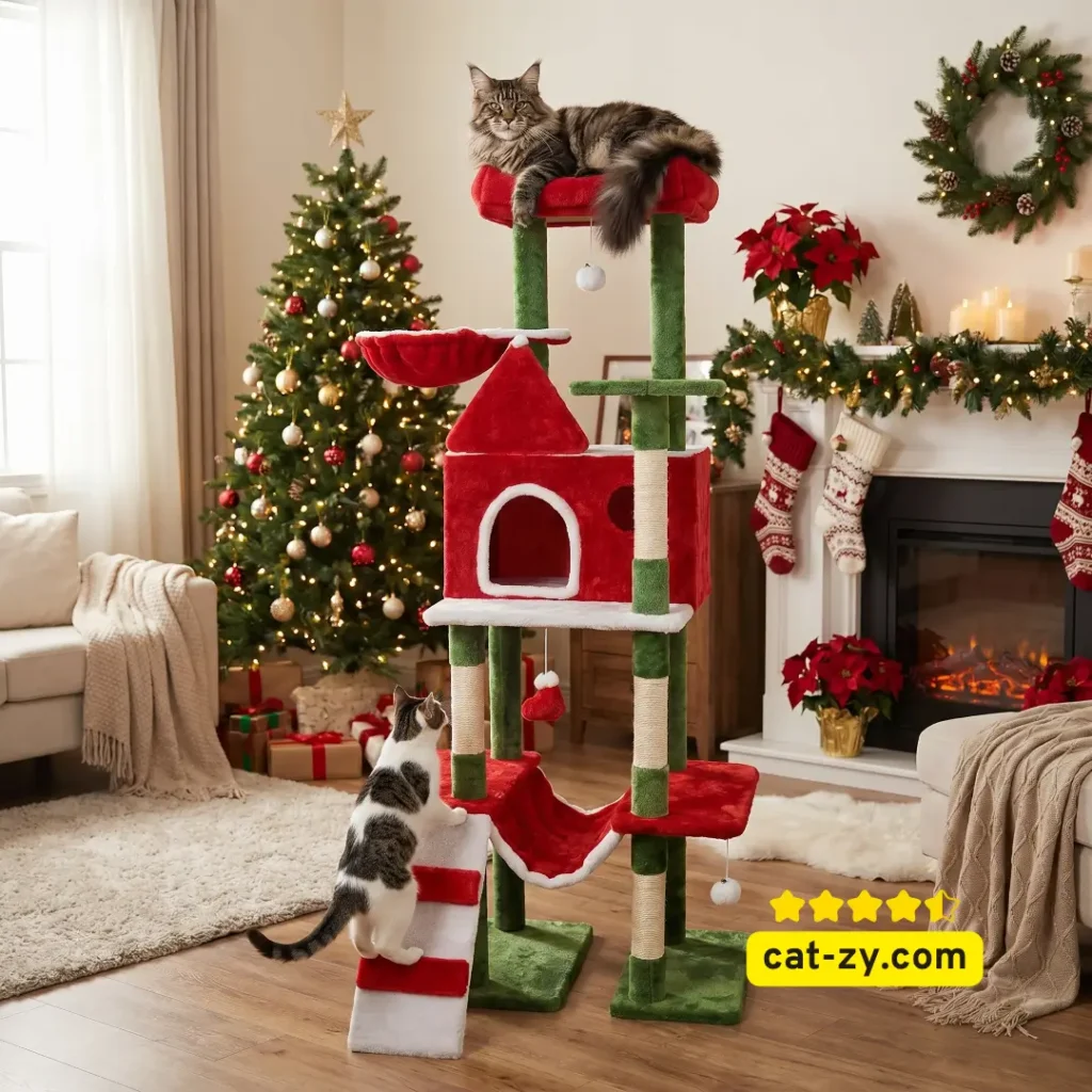 STILLCOVE 63 inch large cat christmas tree tower with scratching post and hammock featured on cat-zy, showing a heavy duty festive cat condo house.