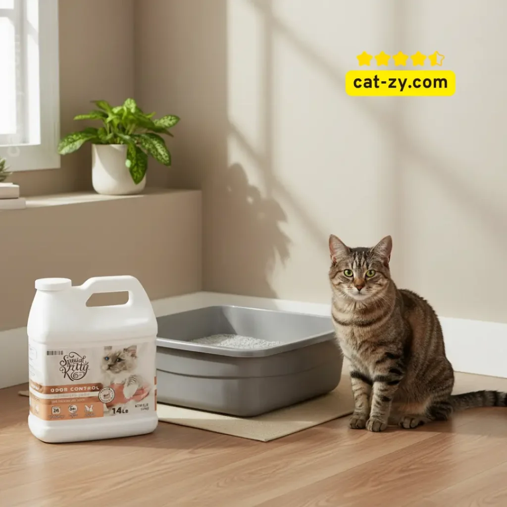 cheap cat litter cat-zy, a cat near a clean litter box with Special Kitty clumping litter in a cozy home
