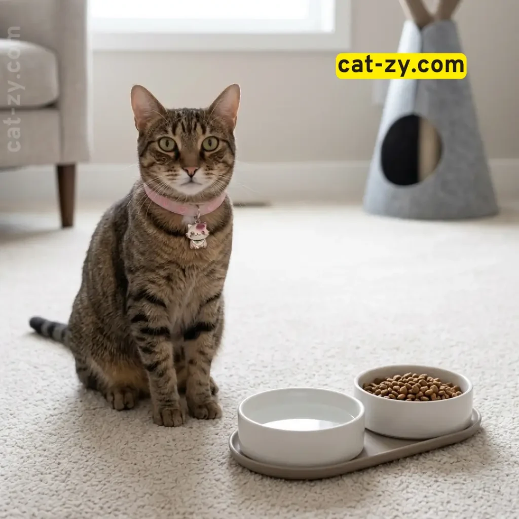 Indoor cat at a home feeding station receiving purina cat chow indoor dry cat food on cat-zy