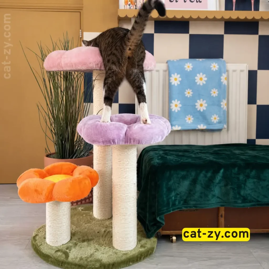 Brown tabby cat Mimish exploring a multi-tier flower cat tree with updated navy blue and cream room decor by cat-zy.