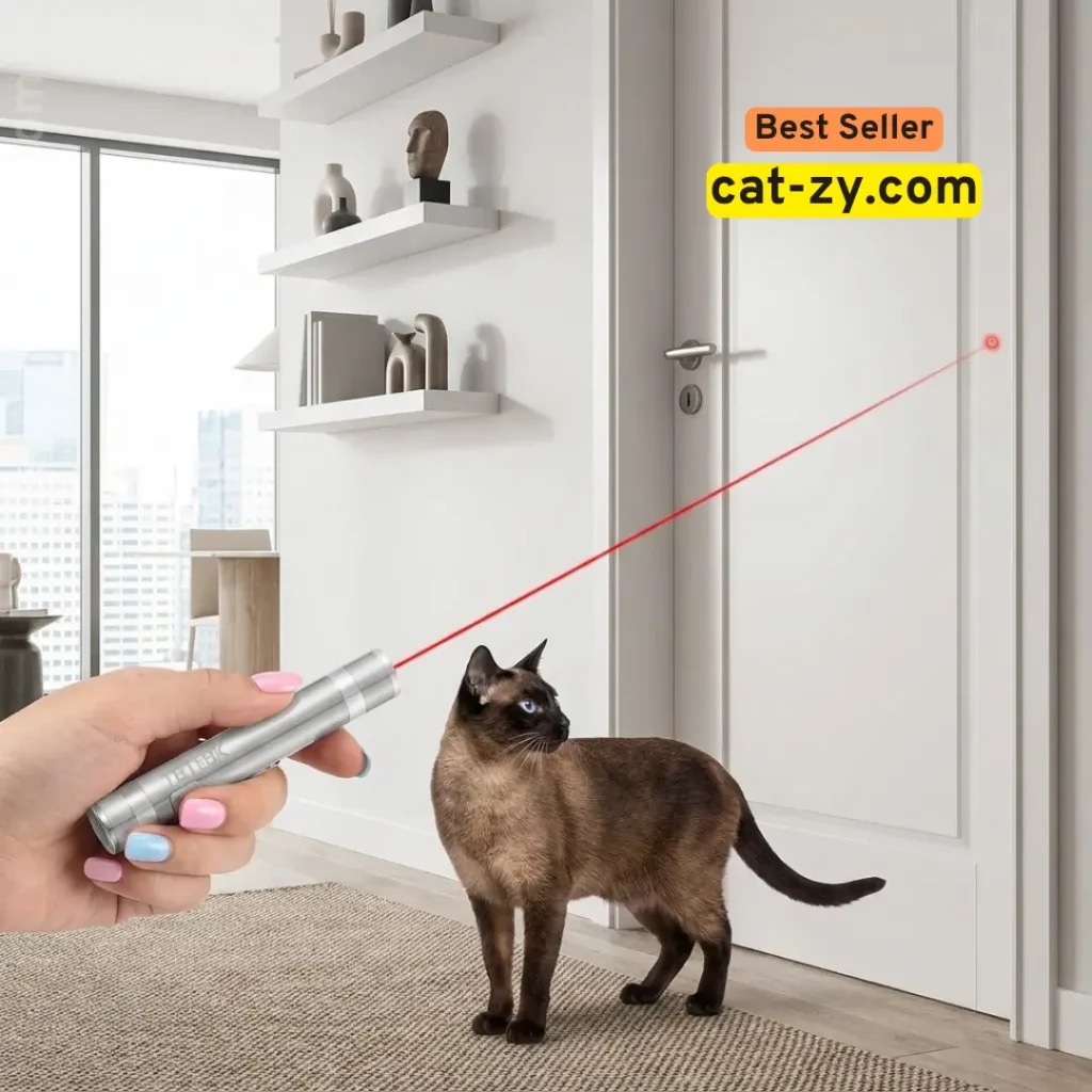 cat-zy visual guide to the friendliest cat breeds featuring a Siamese cat interacting with a TBTeek Cat Toy laser pointer in a modern minimalist apartment.