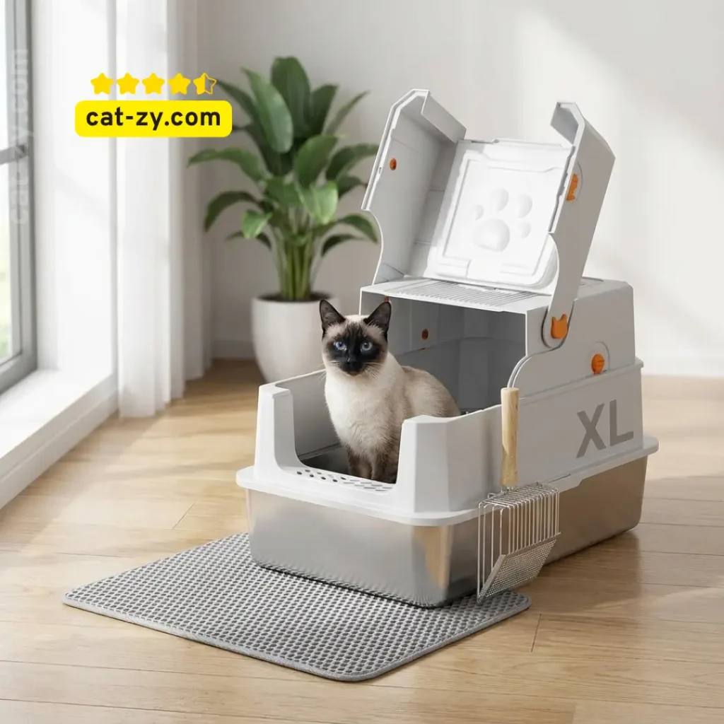 A TENTIZON large stainless steel cat litter box and outside litter tray set, with a cat sitting inside, featured on cat-zy.