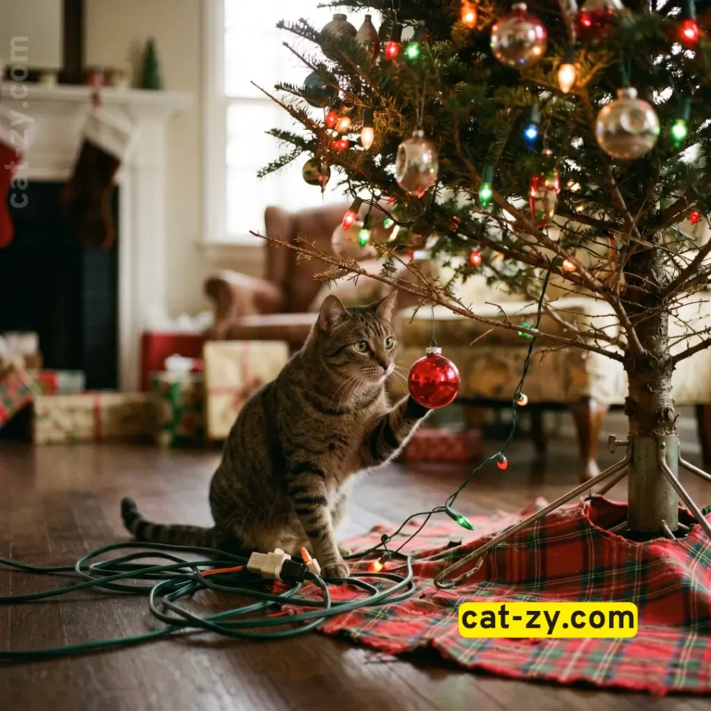 A curious cat investigating a traditional tree, highlighting the classic cat christmas tree hazard on cat-zy.