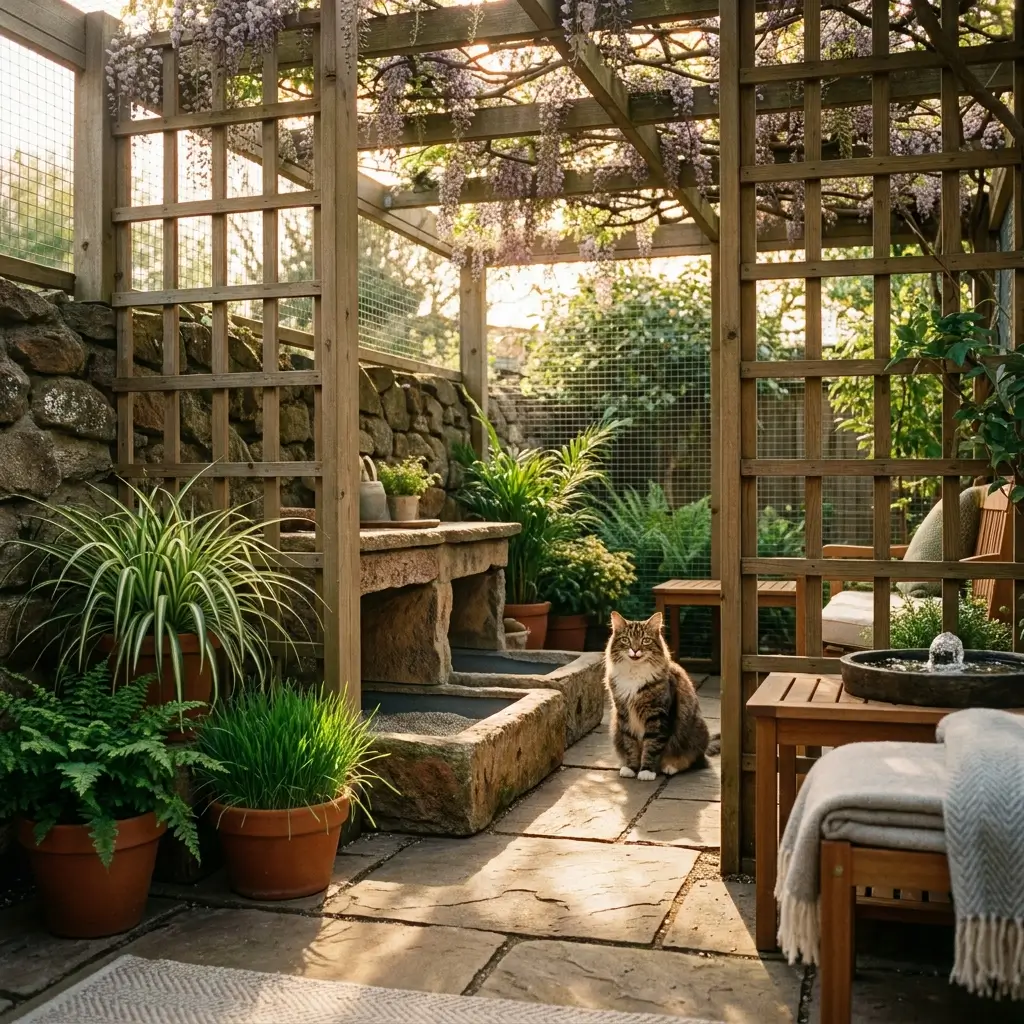 A complete and tranquil outside litter tray system on a cat-zy patio.
