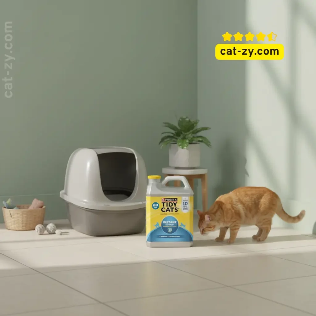 cheap cat litter cat-zy with cat near litter box in clean home