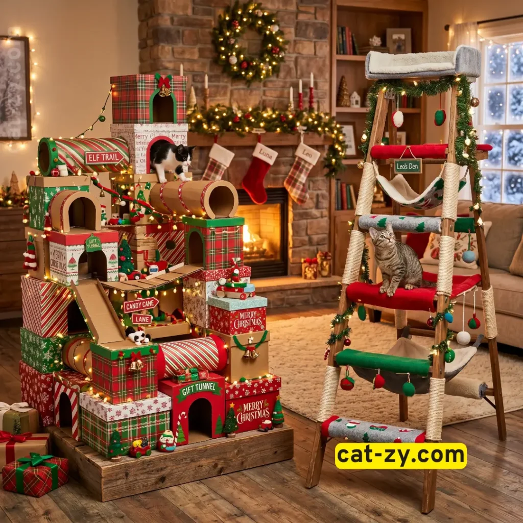 A creative alternative to a traditional setup featuring a DIY cardboard cat christmas tree on cat-zy.