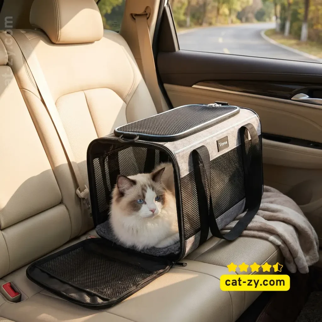 A comfortable cat in a cage style soft-sided Vceoa carrier from the cat-zy article about pet travel safety.