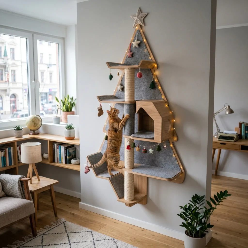 A space-saving wall-mounted cat christmas tree designed for vertical climbing in small apartments on cat-zy.