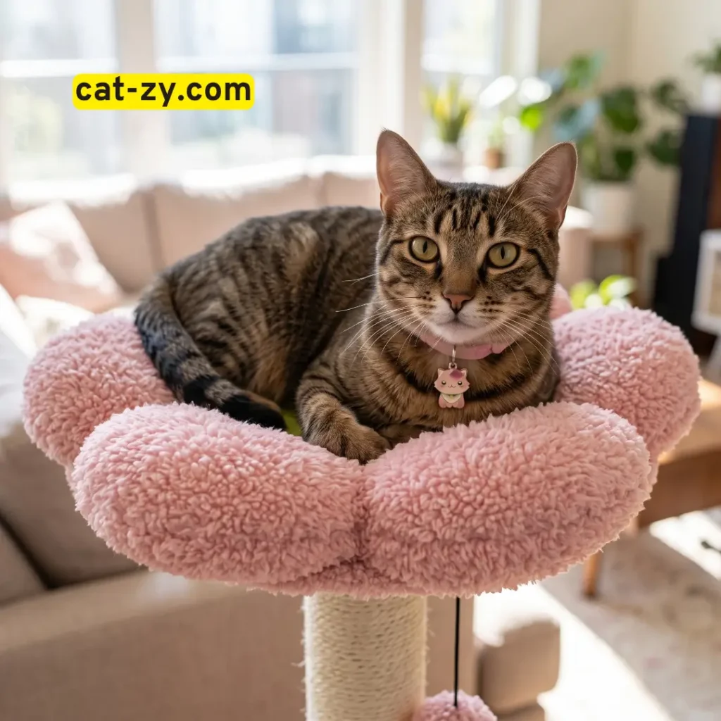 A happy cat relaxing in a flower-shaped perch on a flower cat tree from cat-zy.