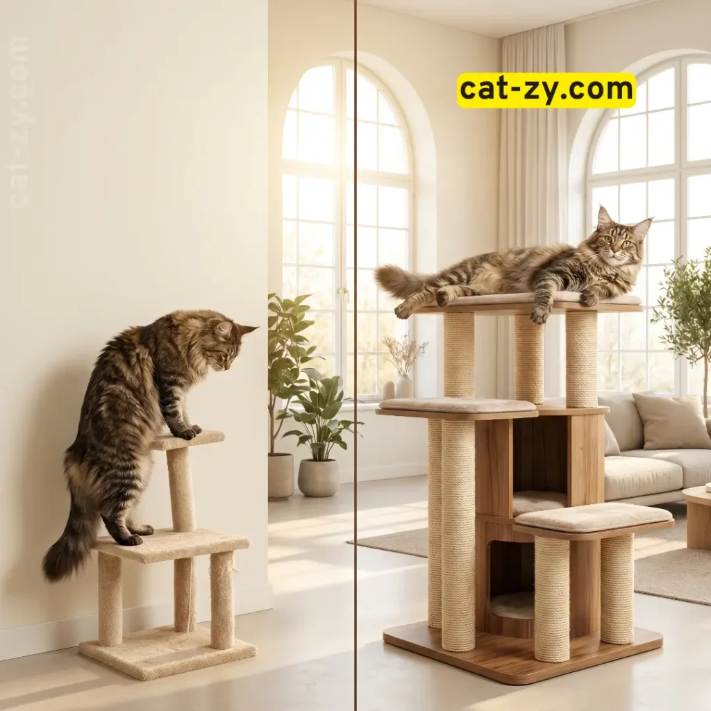 Bright comparison of a large cat on a small tree versus a sturdy cat condo for large cats by cat-zy.
